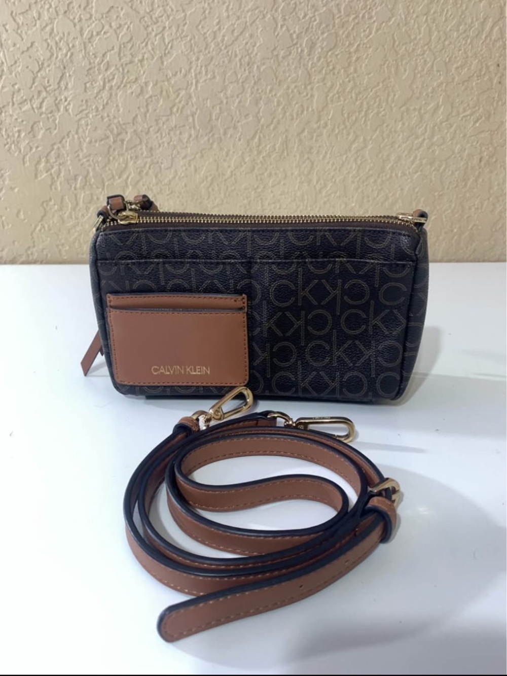 Calvin Klein Brown Logo Crossbody with Tan Trim and Gold Hardware